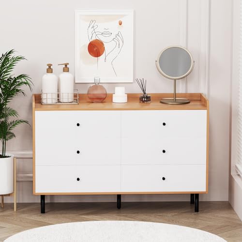 White Nursery Dresser with 6 Drawers, Modern Wood, Black Knobs G330