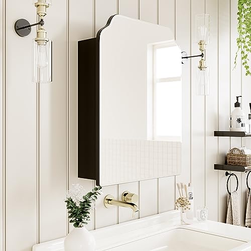 Victorian-Style Recessed Bathroom Medicine Cabinet, Wood Wall Cabinet with 16.5"x24" Curved Mirror, Bathroom Storage Cabinet, Black, Left-Swing Door