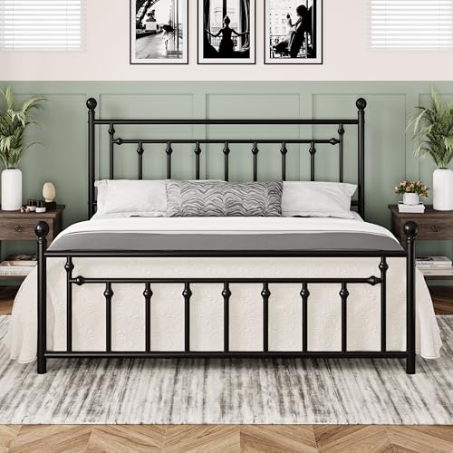 Allewie 14 Inch Full Size Metal Platform Bed Frame with Victorian Headboard, Black E84939