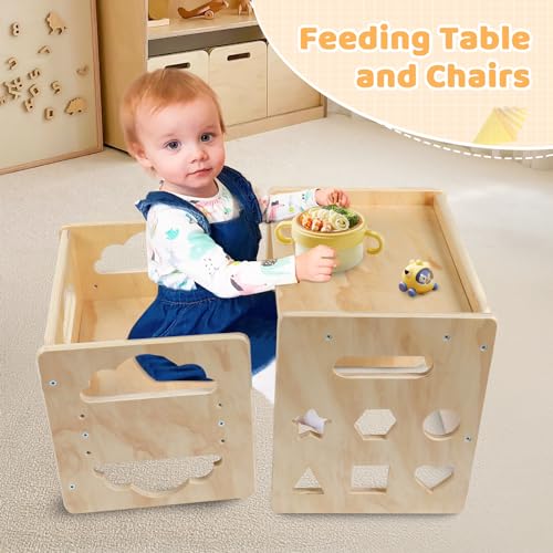 Montessori Weaning Table and Chair Set, Wooden Toddler Table with Blackboard, 3 Heights Adjustable I4858