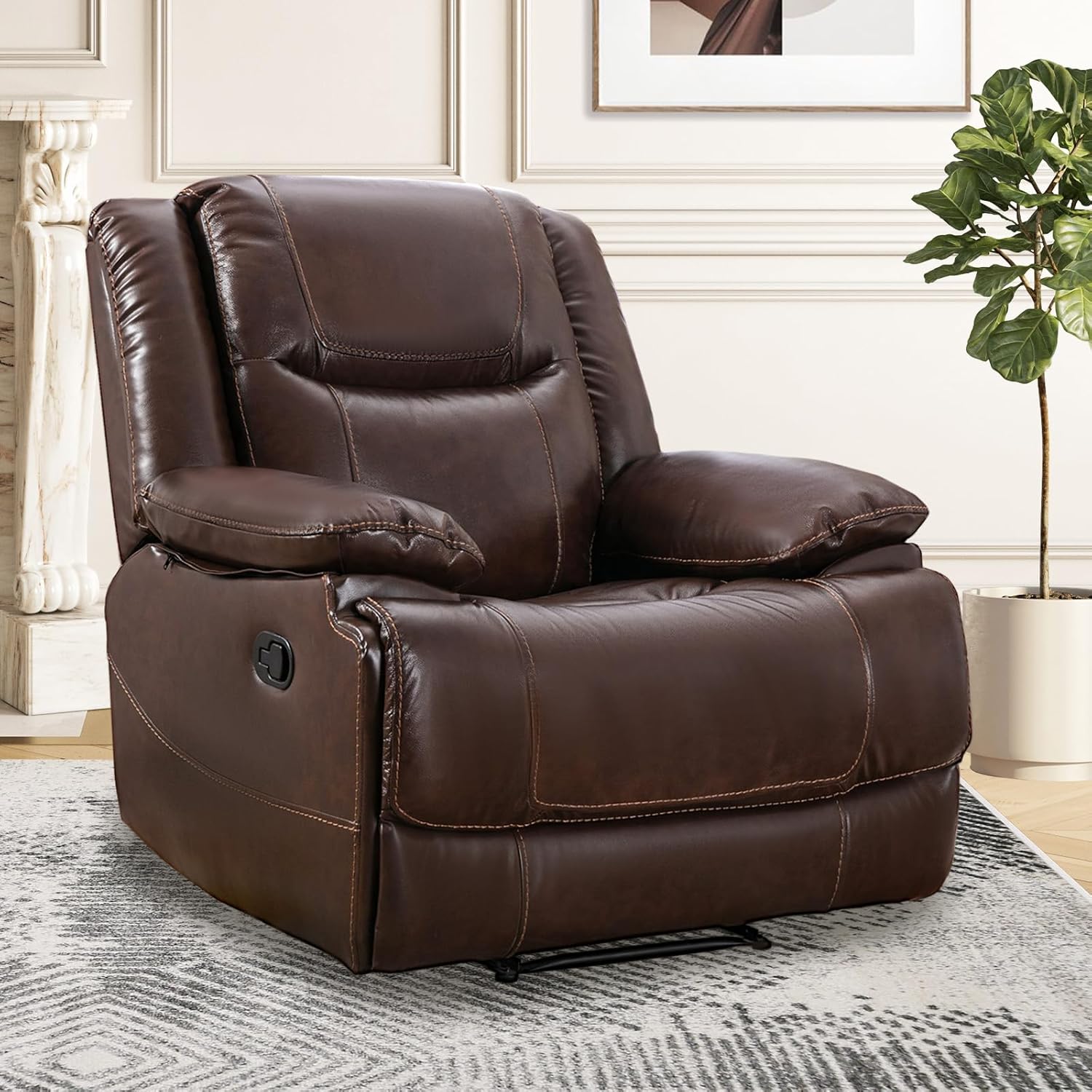 Genuine Leather Manual Recliner, Classic Traditional Reclining Chair with Overstuffed Back and Arm, Single Sofa Recliner Chair for Living Room, Bedroom, Home Theater (Brown)