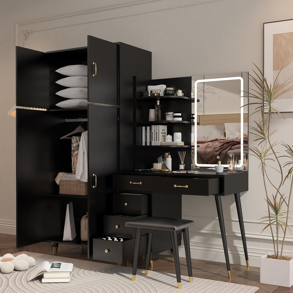 Makeup Vanity Table and Armoire Wardrobe Set with LED Mirror, Black Q6333