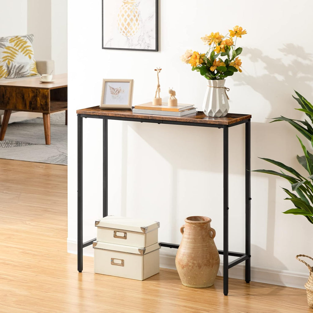 HOOBRO Narrow Console Table with 2 Fabric Drawers, Rustic Brown and Black X947644