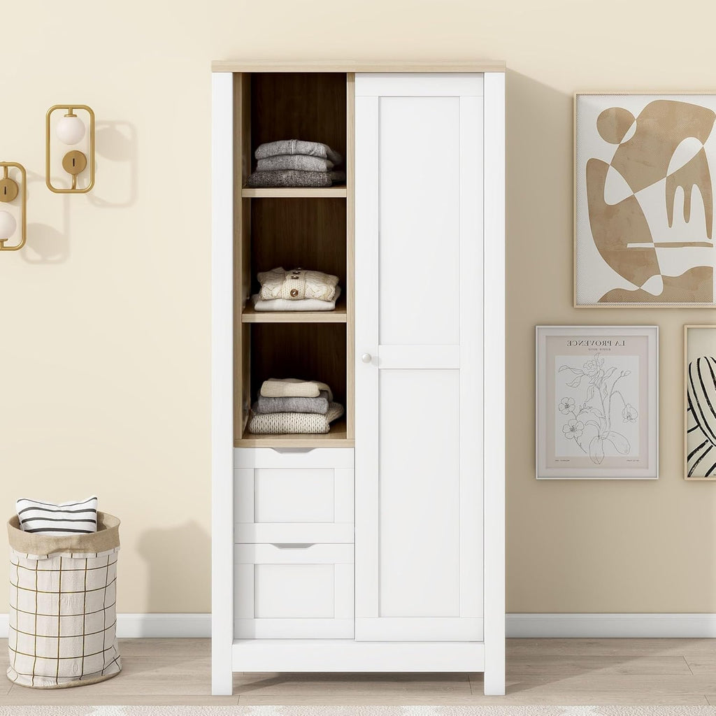 Armoire Wardrobe with Sliding Door and Drawers, White D1199
