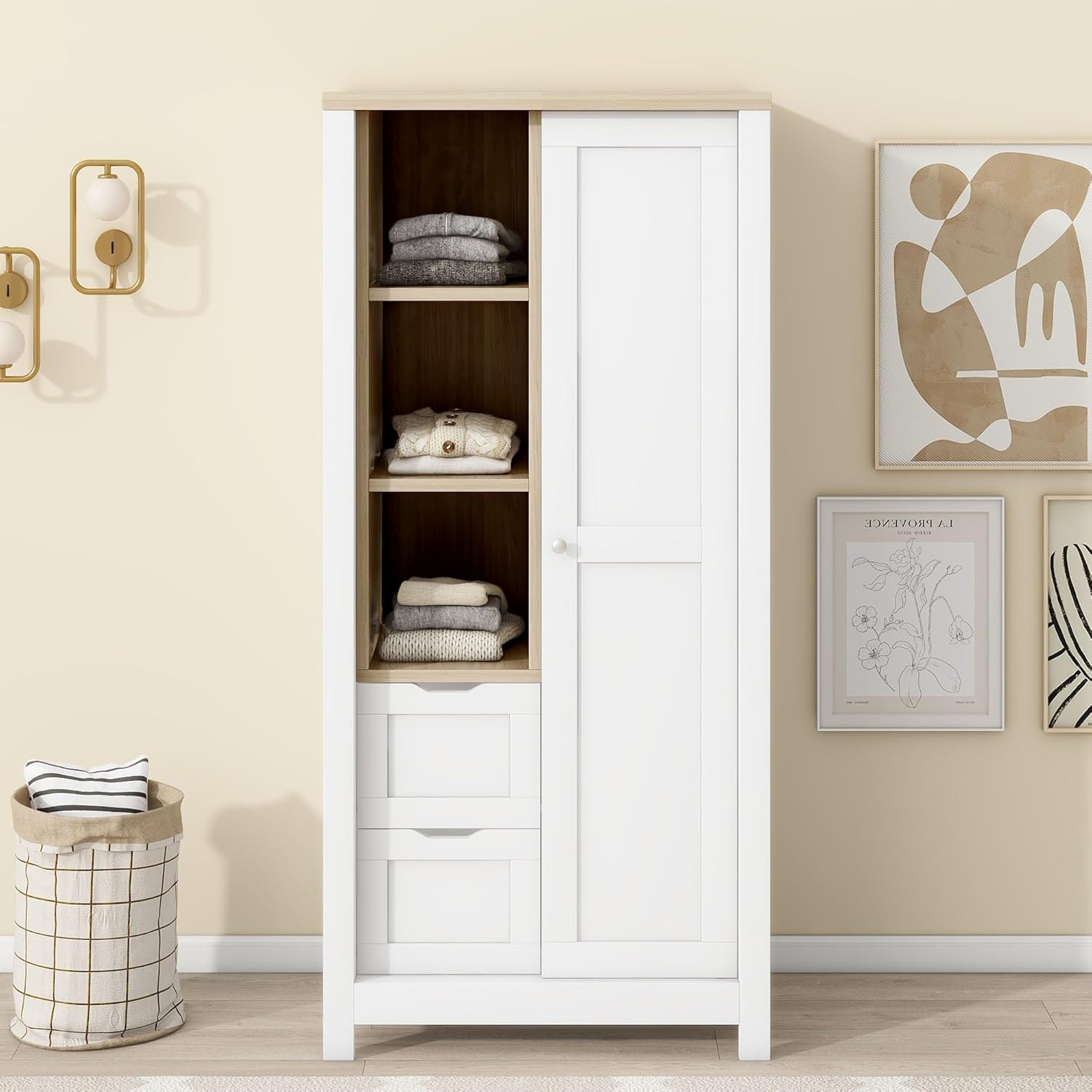 Armoire Wardrobe with Sliding Door and Drawers, White D1199