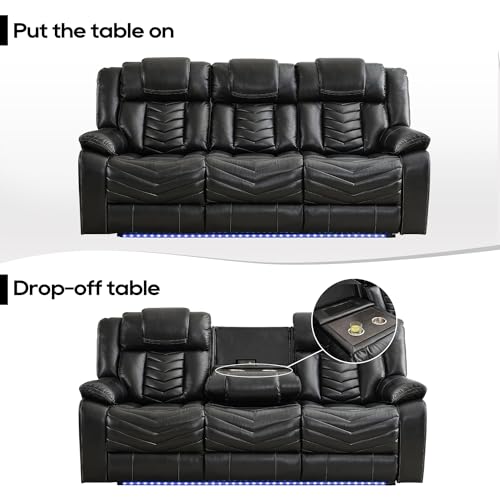 Grey Leather 3-Seater Recliner Sofa Set with Wireless Charger and LED Lights M484
