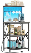 Furologee Bakers Rack with Power Outlet and LED Light, 4-Tier Microwave Stand, Rustic Brown M537