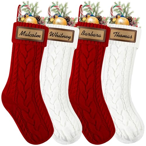 4PACK Christmas Stockings 18Inches Cable Knitted with Name Tags Red White U8263