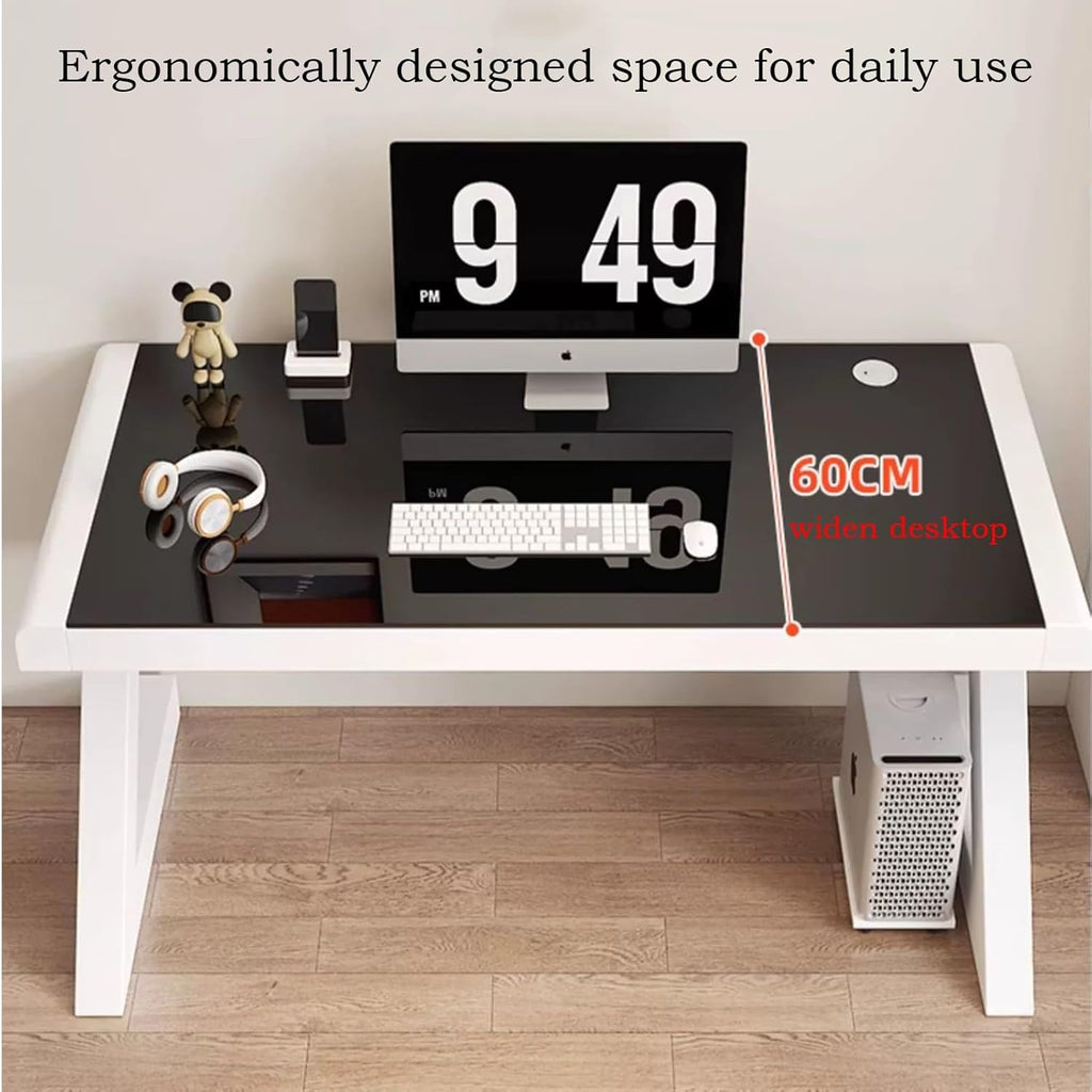 Modern Z-Shape Computer Desk with Keyboard Tray, Tempered Glass, White M154075