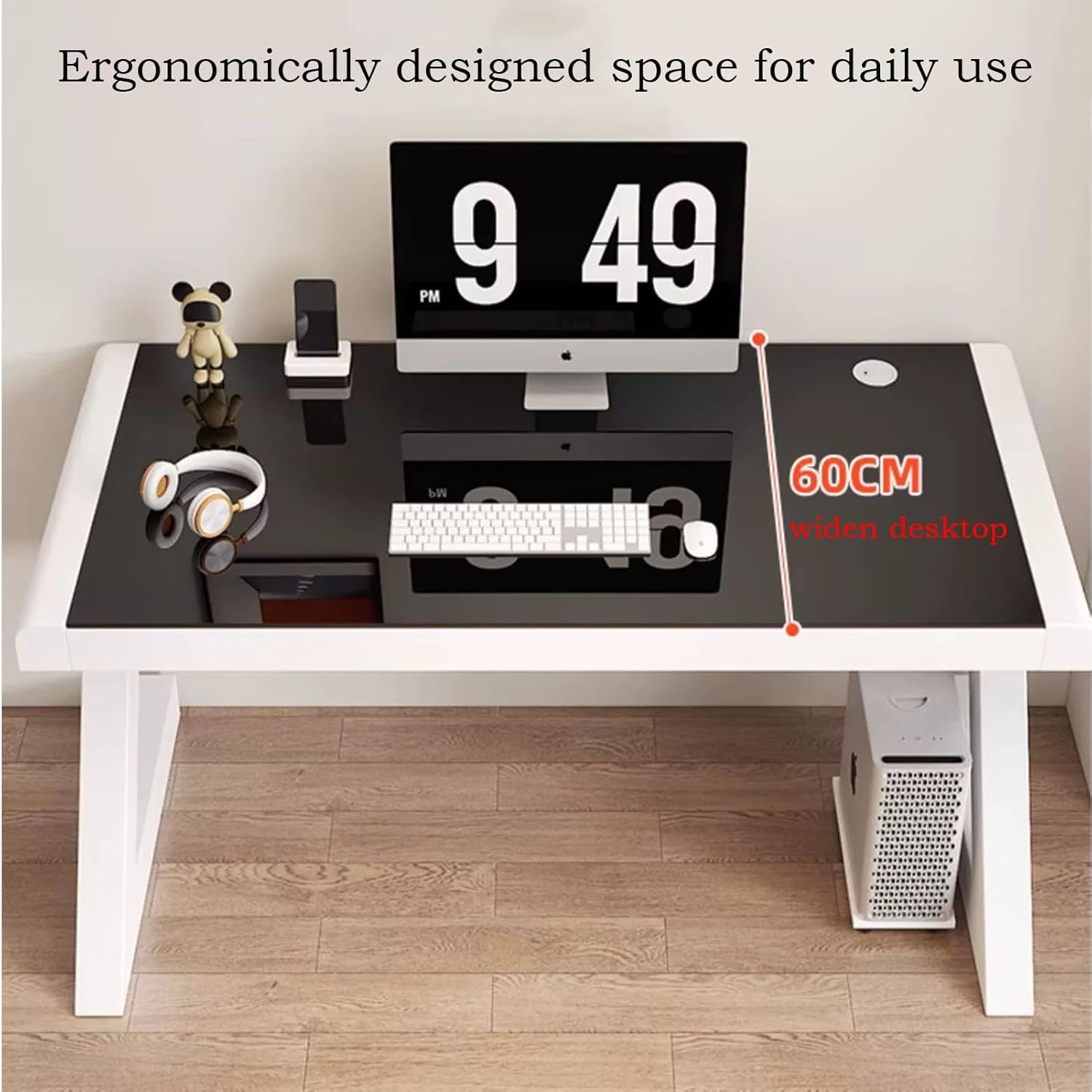 Modern Computer Desk Tempered Glass with Threading Hole Storage, Black F244