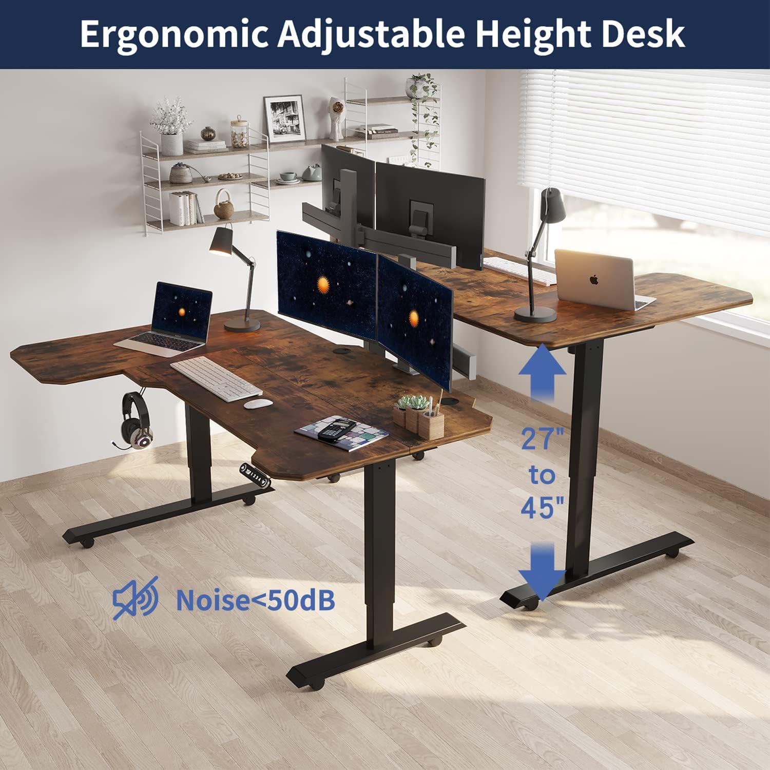 59" L-Shaped Electric Standing Desk with Rustic Brown Top X37455