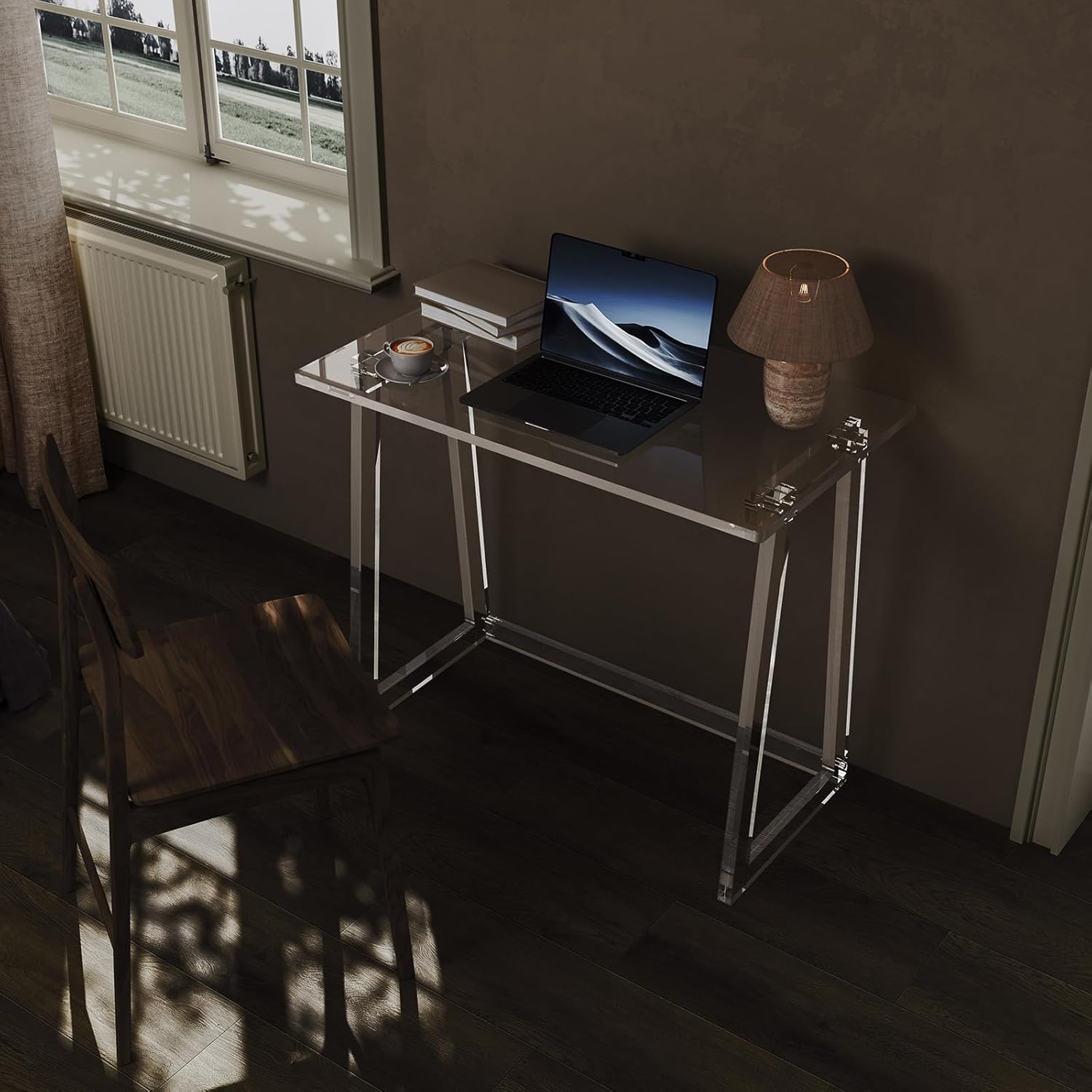 HMYHUM Acrylic Desk 35.4 Inch Clear Computer Desk with Trapezoid Legs F311427