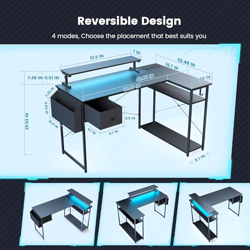 L Shaped Gaming Desk 47 Inch with RGB Lights and Power Outlet I989438