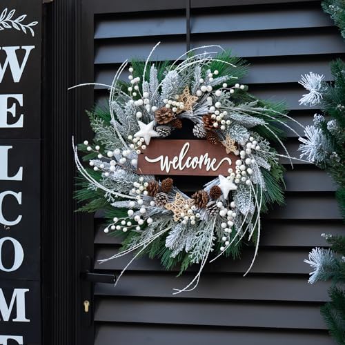 Pinkpuii 24 Inch Artificial Christmas Wreath with Pinecones and Welcome Sign for Front Door H758994