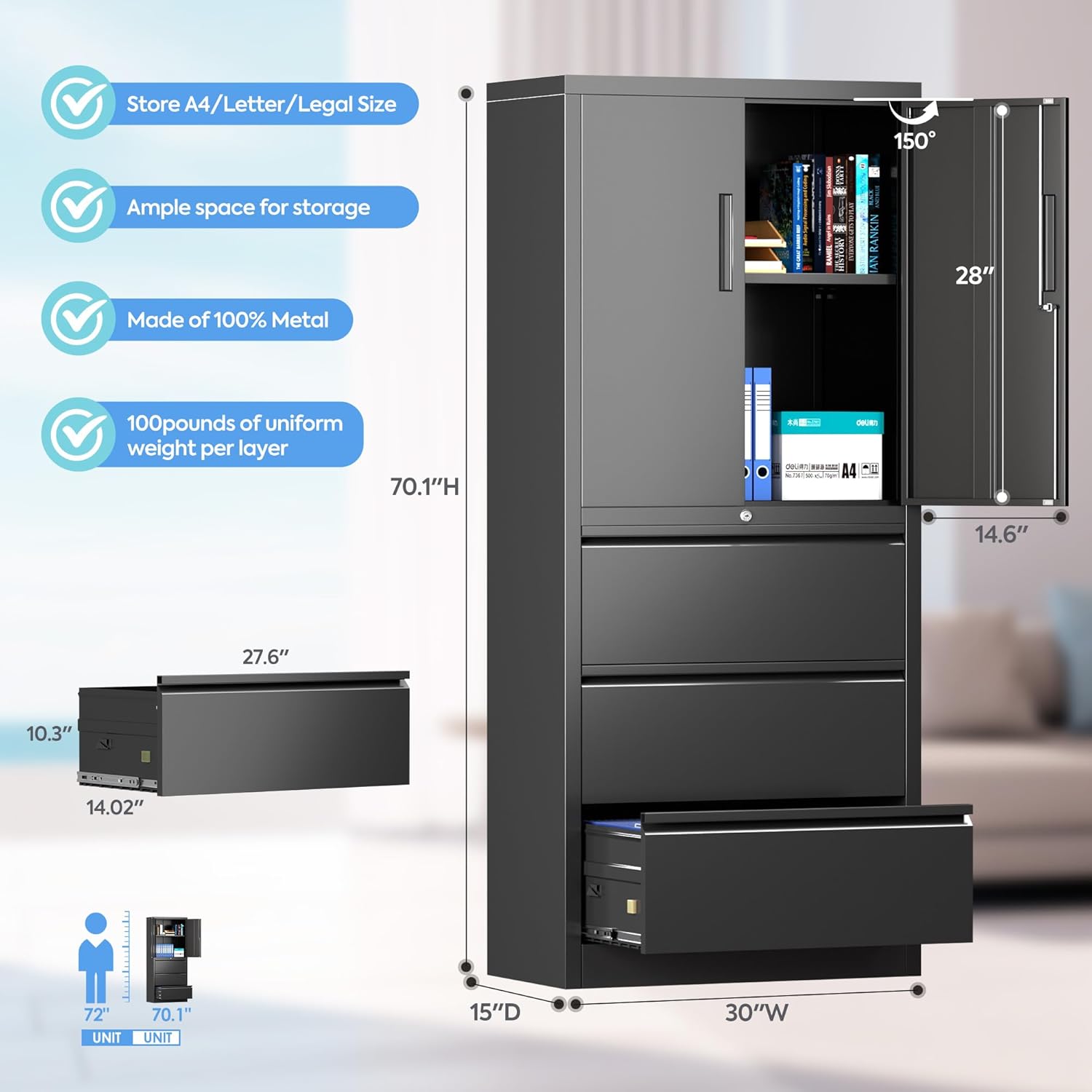 Metal File Cabinet with Lock, 3 Drawers, Black Q65822
