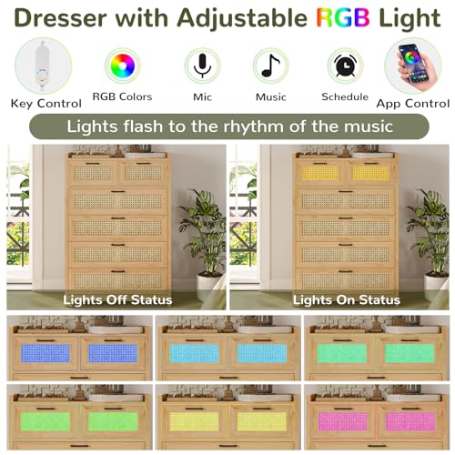 Rattan Dresser with LED Lights, 6 Drawer Storage Chest Q25323