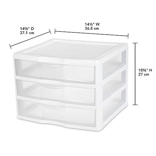 Sterilite 3-Pack Wide 3 Drawer Unit, Plastic Desktop Organizer, White Frame X750