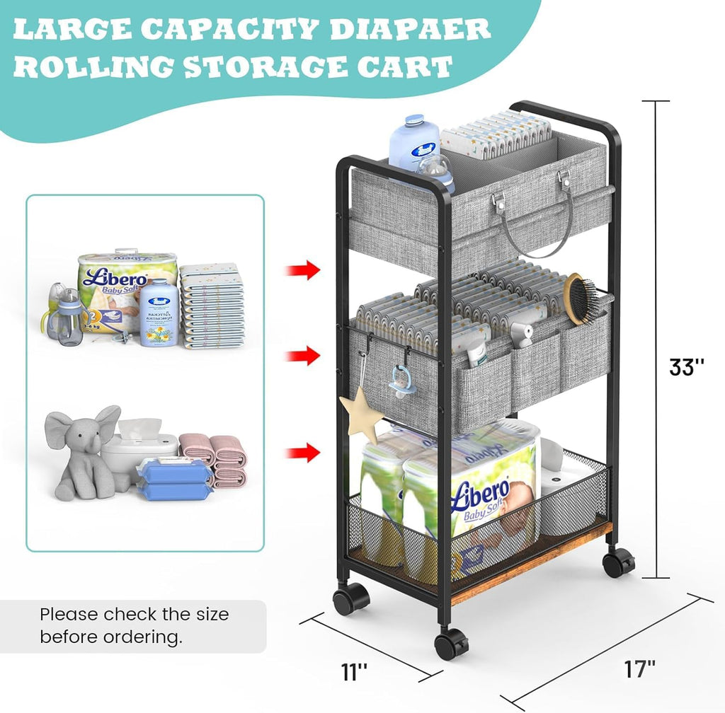 2-in-1 Baby Diaper Caddy & 3-Tier Rolling Cart with Dividers, Metal, Easy to Assemble W57587
