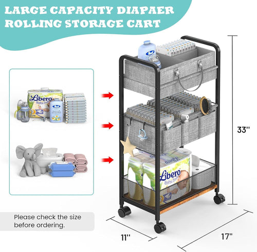 2-in-1 Baby Diaper Caddy & 3-Tier Rolling Cart with Dividers, Metal, Easy to Assemble W57587