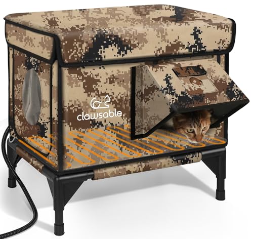 Indestructible Heated Cat House for Outside Winter, 100% Waterproof, Safe Escape Door, Insulated Outdoor Cat Shelter with Heater for Feral Barn Cat Kitty (Forest Green, 26"x16"x18")