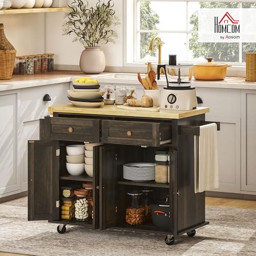 HOMCOM Kitchen Island on Wheels with Rubberwood Top, Navy Blue X7812