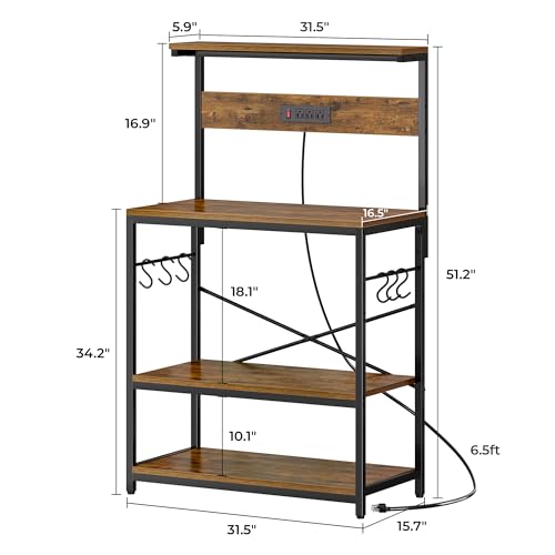SUPERJARE Kitchen Bakers Rack with Power Outlet, Coffee Bar Table, Rustic Brown W637