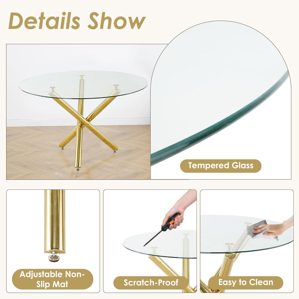 Baysitone Gold Round Glass Dining Table Set for 6 with Clear Acrylic Chairs W1878