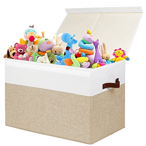 Large Toy Storage Box with Lid and Dividers for Kids, Beige and White X95078