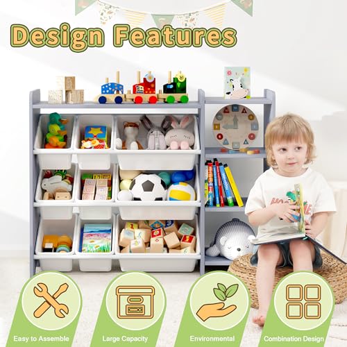 MallBest 4-Tier Kids' Toy Storage Organizer Shelf with 9 Plastic Bins F1027