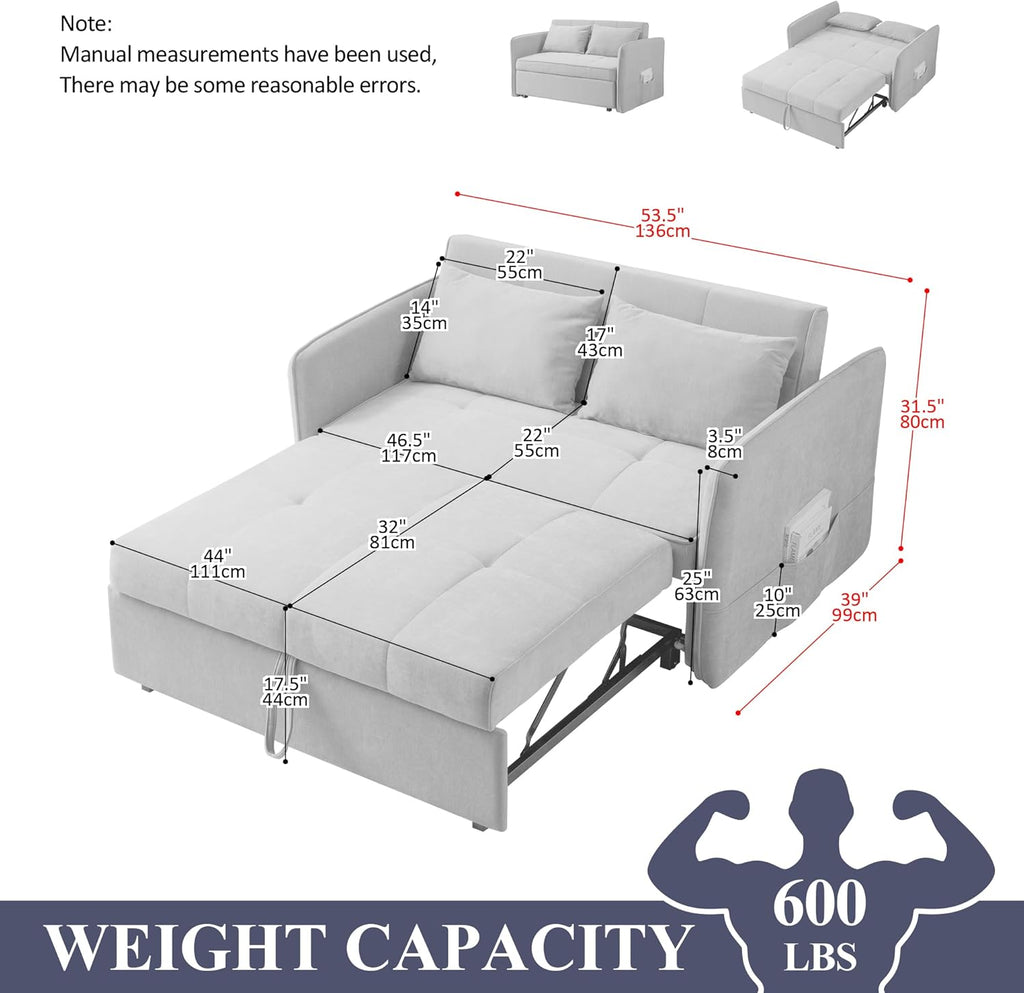 Chenille Fabric 3-in-1 Double Sofa Bed with Pull-Out Bed, Bluish Grey Q8445