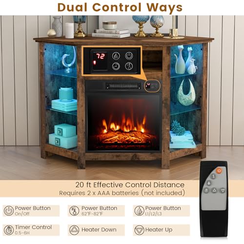 Fireplace Corner TV Stand for 50 Inch TV with LED Lights, Rustic Brown F48207