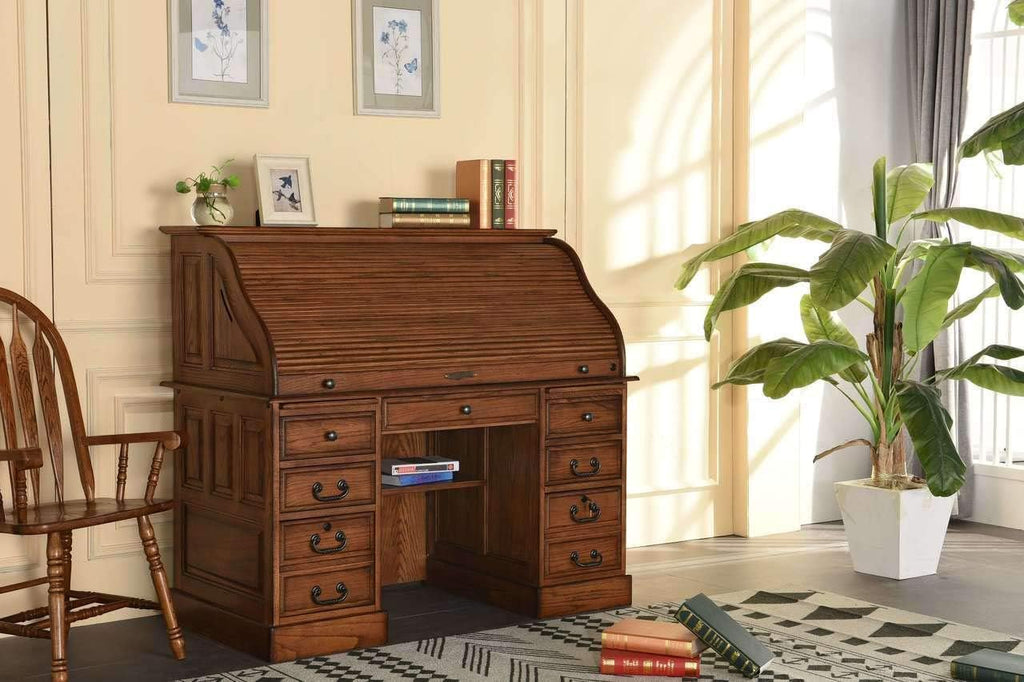 Roll Top Desk Solid Oak Wood - 54 Inch Deluxe Executive Rolltop Desk Burnished Walnut Stain for Home Office Secretary Organizer Roll Hutch Top Easy Assembly Quality Crafted Construction