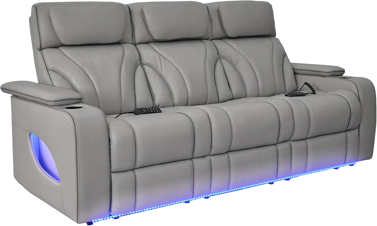 Armen Living Octavia Modern Zero Gravity Power Reclining Heated Massage Sofa, 86" Wide, Silver and Gray Top Grain Leather
