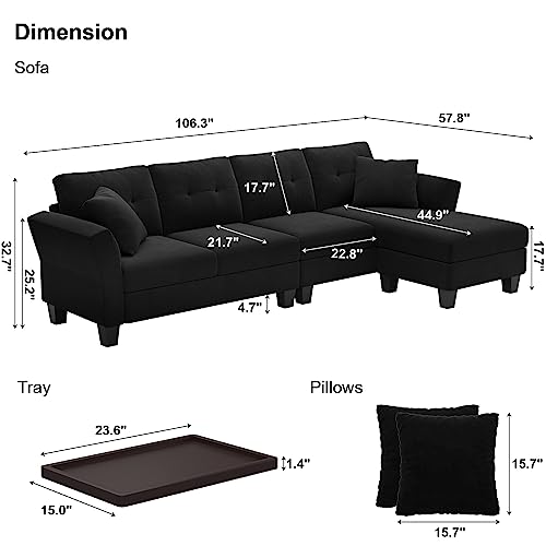 Belffin Velvet Sectional Couch L Shaped Sofa with Chaise, Black O54126