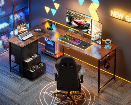 AODK L Shaped Gaming Desk with 4 Drawers, Power Outlets, Black P81263