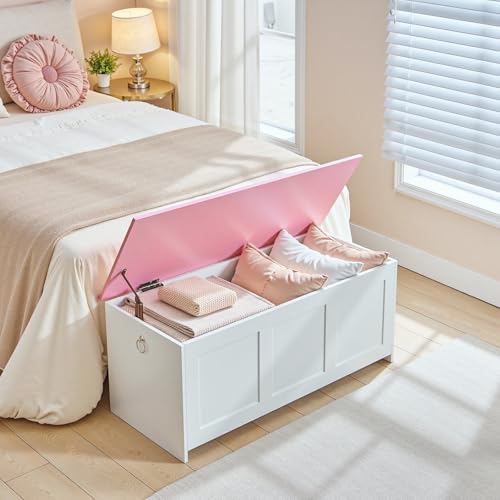 HOOBRO Storage Bench, 39.3" Retro Wooden Chest with Lift Top, White and Walnut C2921