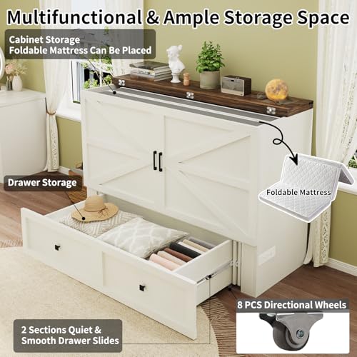 Full Size Murphy Bed with Charging Station and Storage Drawer, White X622658