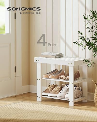 SONGMICS 3-Tier Bamboo Shoe Rack Bench, Entryway Storage, Ink Black X802