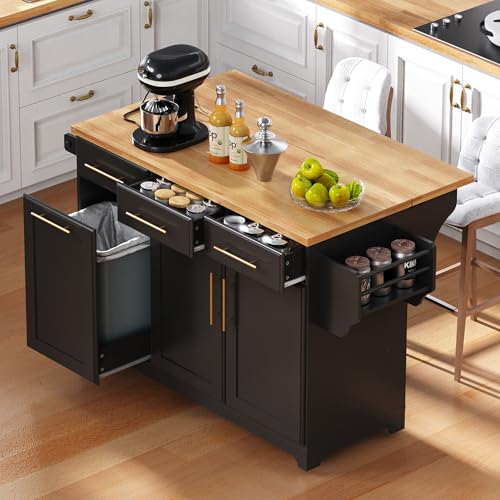 Merax Kitchen Island with Storage, Rolling Table with Drop Leaf, Black Z411