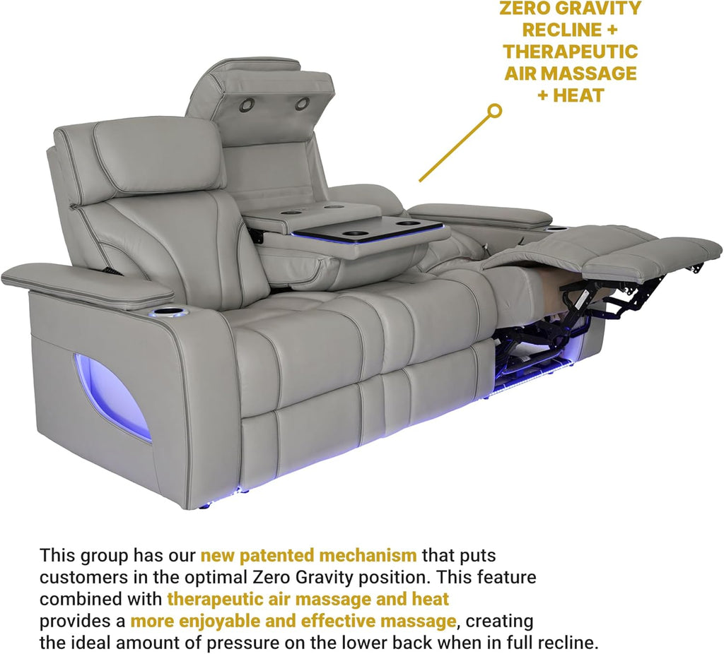 Armen Living Octavia Power Reclining Heated Massage Sofa, 86" Wide, Silver and Gray Leather M65396