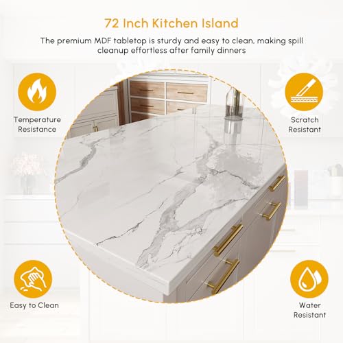 homary 72" Kitchen Island with Storage, White Dining Table with Seating & 3 Drawers H6352