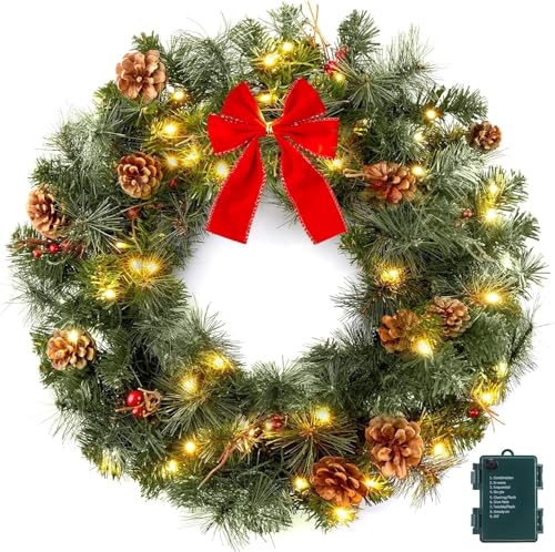 24 Inch Prelit Christmas Wreath for Front Door, Battery Operated LED Christmas Wreath with Pine Needles Branches Hari Leaves Red Berry Pine Cones, Lighted Wreath Wall Windows Decoration