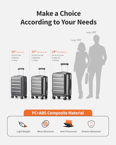 Carry On Luggage 20 Inch Hardside Suitcase with Front Pocket, TSA Lock - Grey G963846