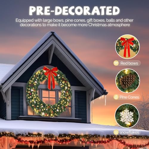 VINGLI 48 Inch Pre-lit Artificial Christmas Wreath with 150 LED Lights T885