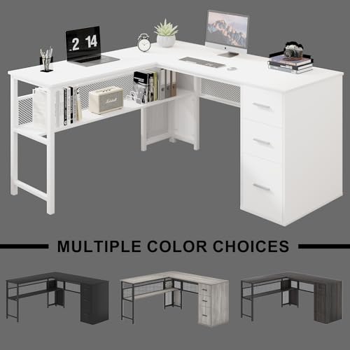LVB Reversible Gray L Shaped Corner Desk with File Drawers, Light Grey Oak, 59 Inch L226