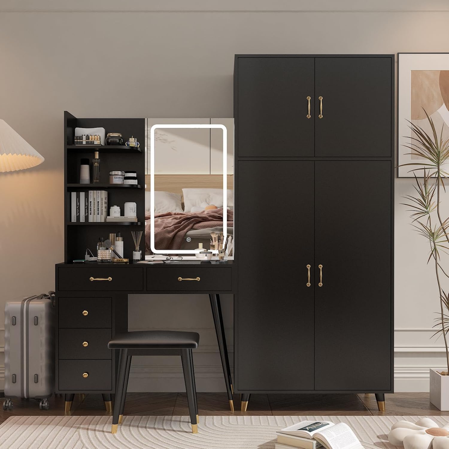 Makeup Vanity Table and Armoire Wardrobe Set with LED Mirror, Black Q6333