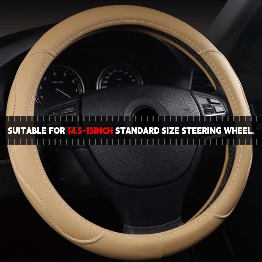Leather Car Steering Wheel Cover, Anti-Slip, 14.5-15 Inch, Beige R3569