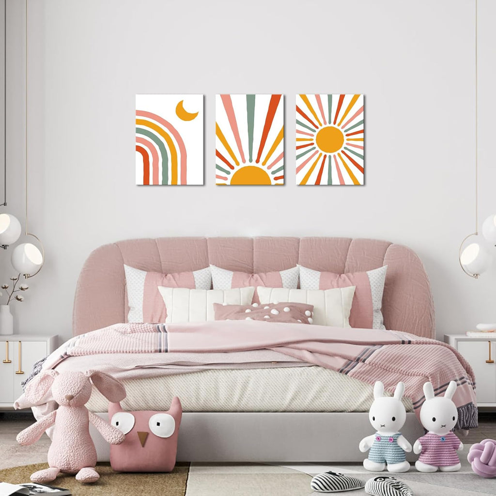 LyeArtork 3 Piece Boho Canvas Wall Art Neon Geometric Sun Moon Prints 12"x16" G140603