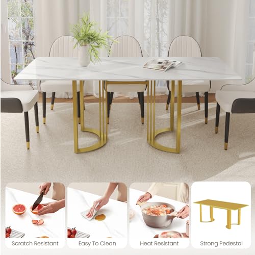 Modern Rectangle Marble Dining Table 63" White with Gold Trestle Pedestal J573458