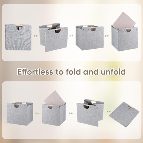 Collapsible Storage Cubes 4 Pack with Wooden Handles for Shelves, Beige J7023
